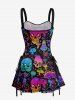 Colorful Ombre Skulls Mushroom Print Hawaii Lace Up A Line Dress - Pourpre  S