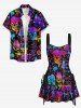 Colorful Ombre Skulls Mushroom Print Hawaii Lace Up A Line Dress - Pourpre  S