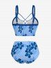 Tropical Leaf Flower Print Hawaii Lace Up Tankini Swimsuit (Adjustable Shoulder Strap) - Bleu Ciel S
