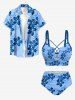 Tropical Leaf Flower Print Hawaii Lace Up Tankini Swimsuit (Adjustable Shoulder Strap) - Bleu Ciel 3X