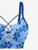 Tropical Leaf Flower Print Hawaii Lace Up Tankini Swimsuit (Adjustable Shoulder Strap) - Bleu Ciel 3X