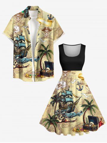 Coconut Tree Sailboat Skull Pirate Print Plus Size Matching Hawaii Cruise Beach Outfit For Couples - LIGHT YELLOW