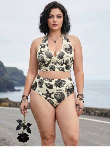 Gothic Plus Size Skull Shell Conch Starfish Print Plunging Halter Tankini Swimsuit - CRYSTAL CREAM - 3X | US 22-24