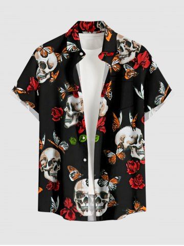 Plus Size Skulls Butterfly Flower Print Button Pocket Shirt For Men - BLACK - S