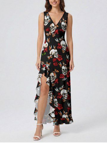 Robe fendue à volants, imprimé papillons et fleurs à têtes de mort