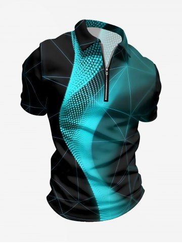 Plus Size Ombre Lightwave Print Hawaii Zipper Polo Shirt For Men - BLACK - S