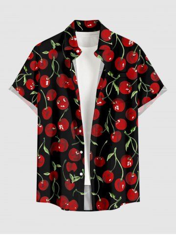 Plus Size Cherry Fruit Print Hawaii Button Pocket Shirt For Men - BLACK - S