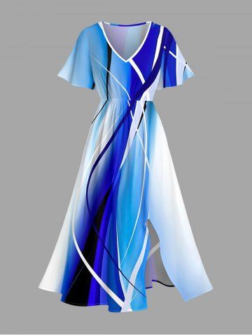 Robe midi trapèze grande taille à imprimé ombré et poches fendues, style hawaïen - BLUE - XXS