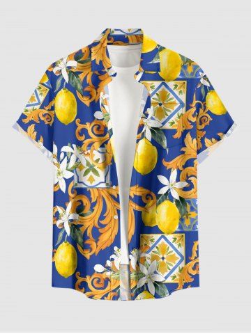 Plus Size Flower Leaf Lemon Print Hawaii Button Pocket Shirt For Men - BLUE - XL