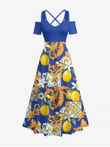 Robe longue trapèze à imprimé fleurs, feuilles et citrons, style hawaïen, épaules dénudées et bretelles croisées, grande taille - BLUE - XS