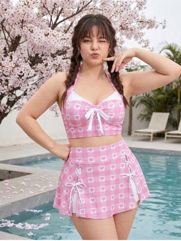 Plus Size Plaid Heart Print Halter Bowknot Lace Up Skirted Tankini Swimsuit - PINK - 2X | US 18-20