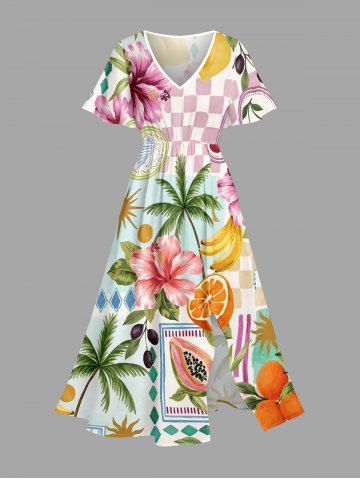 Plus Size Coconut Tree Hibiscus Flower Fruit Sun Print Hawaii Split Pocket A Line Midi Dress - PINK - XS