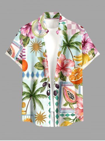 Plus Size Coconut Tree Hibiscus Flower Fruit Sun Print Hawaii Button Pocket Shirt For Men - PINK - 3XL