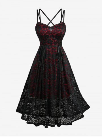 Plus Size Flower Lace Overlay Tied Crisscross Strappy A Line Cami Dress - BLACK - 5X | US 30-32