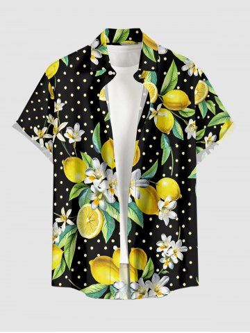 Flower Lemon Leaf Pin Dot Print Hawaii Button Pocket Shirt For Men - BLACK - 5XL