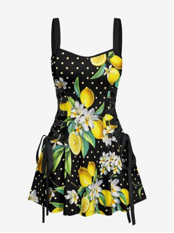 Flower Lemon Leaf Pin Dot Print Hawaii Lace Up A Line Dress - BLACK - XS