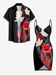 Flower Curve Stars Print Plus Size Matching Hawaii Beach Outfit For Couples - Noir 