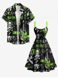 Skull Guitar Print Matching Hawaii Rock and Roll Beach Outfit For Couples -  
