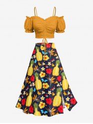 Solid Cinched Top and Pineapple Hibiscus Flower Butterfly Print Hawaii Split A Line Skirt Plus Size Matching Set - Jaune 