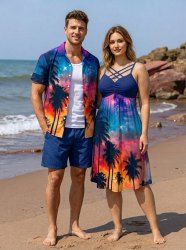 Coconut Tree Ombre Galaxy Print Plus Size Matching Hawaii Beach Outfit For Couples -  