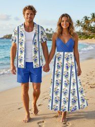 Ensemble de plage hawaïen assorti pour couples, imprimé floral tropical à rayures, grandes tailles - Bleu Ciel 