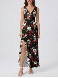 Robe fendue à volants, imprimé papillons et fleurs à têtes de mort - Noir XL
