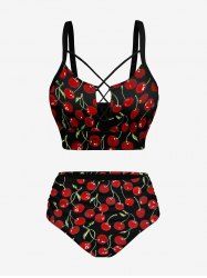 Maillot de bain tankini à lacets imprimé cerises style hawaïen (bretelles réglables) - Noir M
