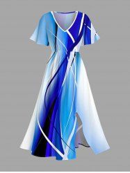 Robe midi trapèze grande taille à imprimé ombré et poches fendues, style hawaïen - Bleu 1X