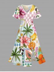 Plus Size Coconut Tree Hibiscus Flower Fruit Sun Print Hawaii Split Pocket A Line Midi Dress -  