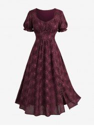 Robe trapèze grande taille en jacquard fleuri imprimé tartan, fendue et froncée - Rouge Vineux 2X | US 18-20
