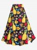 Solid Cinched Top and Pineapple Hibiscus Flower Butterfly Print Hawaii Split A Line Skirt Plus Size Matching Set - Jaune 