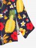 Solid Cinched Top and Pineapple Hibiscus Flower Butterfly Print Hawaii Split A Line Skirt Plus Size Matching Set - Jaune 