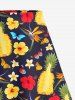 Solid Cinched Top and Pineapple Hibiscus Flower Butterfly Print Hawaii Split A Line Skirt Plus Size Matching Set - Jaune 
