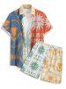 Ships From US Warehouse • Fast Delivery In 2–3 Business Days | Men's Matching Two Piece Hawaiian Style Letter Abstract Sun Floral Graphic Print Button Up Short Sleeves Shirt And Drawstring Shorts Set - Blanche Amande 2XL
