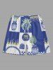Ships From US Warehouse • Fast Delivery In 2–3 Business Days | Men's Matching Two Piece Hawaiian Geometric Floral Leaf Print Camp Collar Short Sleeves Shirt And Drawstring Shorts Set - Bleu Cobalt 2XL