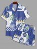 Ships From US Warehouse • Fast Delivery In 2–3 Business Days | Men's Matching Two Piece Hawaiian Geometric Floral Leaf Print Camp Collar Short Sleeves Shirt And Drawstring Shorts Set - Bleu Cobalt 2XL