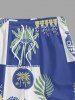 Ships From US Warehouse • Fast Delivery In 2–3 Business Days | Men's Matching Two Piece Hawaiian Geometric Floral Leaf Print Camp Collar Short Sleeves Shirt And Drawstring Shorts Set - Bleu Cobalt 2XL