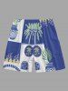 Ships From US Warehouse • Fast Delivery In 2–3 Business Days | Men's Matching Two Piece Hawaiian Geometric Floral Leaf Print Camp Collar Short Sleeves Shirt And Drawstring Shorts Set - Bleu Cobalt 2XL