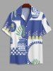 Ships From US Warehouse • Fast Delivery In 2–3 Business Days | Men's Matching Two Piece Hawaiian Geometric Floral Leaf Print Camp Collar Short Sleeves Shirt And Drawstring Shorts Set - Bleu Cobalt 2XL