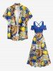 Robe longue trapèze à imprimé fleurs, feuilles et citrons, style hawaïen, épaules dénudées et bretelles croisées, grande taille - Bleu XXS