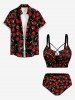 Maillot de bain tankini à lacets imprimé cerises style hawaïen (bretelles réglables) - Noir M