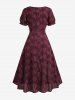 Robe trapèze grande taille à imprimé tartan et jacquard fleuri, avec fente et fronces - Rouge Vineux 4X | US 26-28