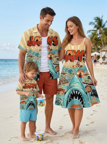 Shark Seascape Print Plus Size Matching Hawaii Beach Outfit For Family - SKY BLUE