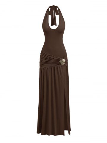 Women's Sexy Slim Fit Ruched Backless Thigh High Slit Floral-shaped Metallic Embellishment Deep U Neck Halter Tied Maxi Pleated Dress - DEEP COFFEE - S