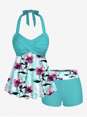 Flower Leaf Branch Print Hawaii Twist Halter Boyleg Tankini Swimsuit - TURQUOISE - 1X