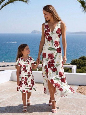 Tenue assortie mère-fille à imprimé floral tropical pour la plage hawaïenne - WHITE