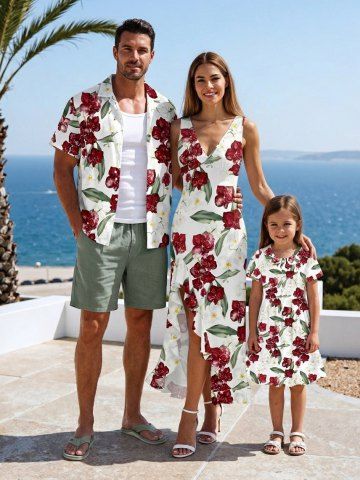 Tropical Leaf Flower Print Matching Hawaii Beach Outfit For Family - DEEP RED