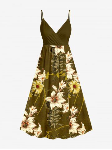 Robe débardeur trapèze à imprimé fleurs et branches hawaïennes grande taille - OLIVE GREEN - 5X