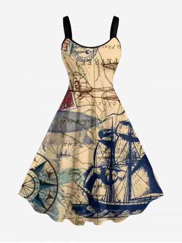 Robe trapèze imprimée voilier grande taille, style croisière hawaïenne - LIGHT COFFEE - 5X