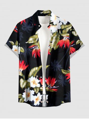 Plus Size Coconut Tree Tropical Leaf Hibiscus Flower Print Hawaii Button Pocket Shirt For Men - BLACK - S